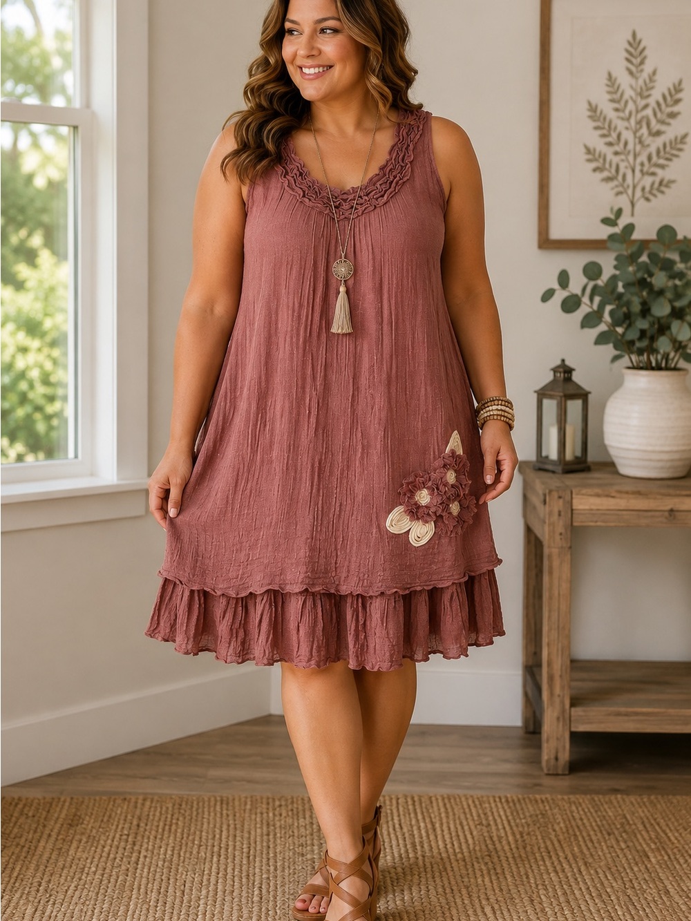 Mine too Tunic Dress Size 1X Rustic Rose Midi Gauze Layered Floral Appliqué
